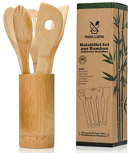 Heim.Liebe Premium Holzlöffel Set aus Bambus inklusive Behälter - Nachhaltiger Bambus (FSC) - LFGB - Deutsche Marke - Kochlöffel, Rührlöffel, Pfannenwender, Lochkelle, Gabellöffel, Behälter