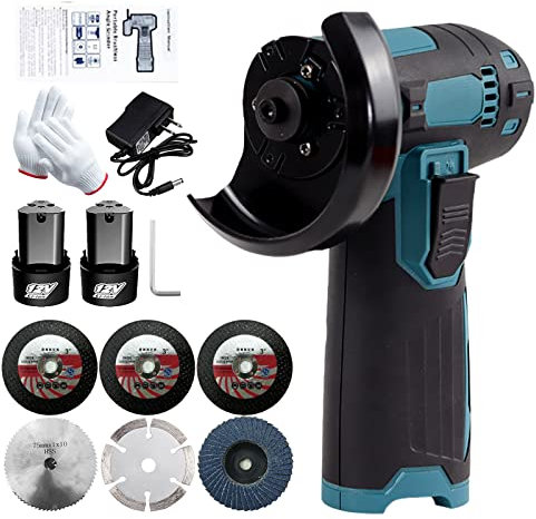 Weytoll Amoladora Angular Ligera de 12 V, Cepillo Inalámbrico para Discos de 3 Pulgadas, 76 mm, con Batería de Iones de Litio, 2 x 1300 mAh y Disco de Corte de 6 Unidades, Azul
