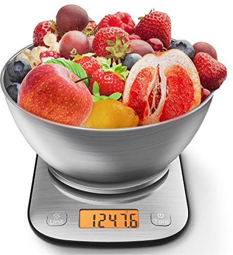 GRAM PRES Báscula digital de cocina para alimentos, peso en gramos y onzas con IPX6 impermeable, báscula digital profesional de acero inoxidable para cocina, 11 libras/0.1 onzas con cuenco para