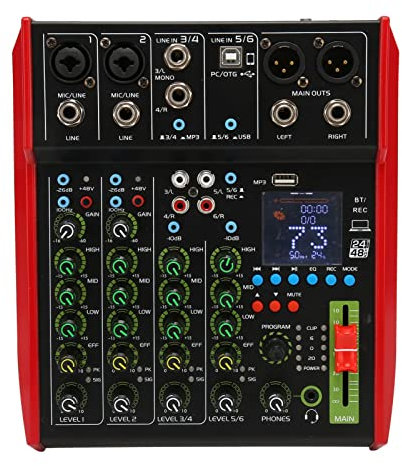 Mezclador de Audio Profesional, Mezclador de Audio Estéreo de 6 Canales, Tablero Mezclador de Sonido Multifuncional Bluetooth DSP, para Grabación de Consola de Estudio, (Enchufe de la UE)