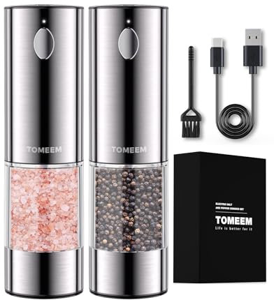 Salz und Pfeffermühlen elektrisch 2er Set aus Edelstahl (Wiederaufladbar, LED Beleuchtung, mit einstellbarem Keramikmahlwerk, Reinigungsbürste Bürste) Gewürzmühle elektrisch