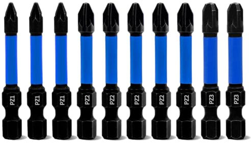 Meccion Magnetic Impact Driver Bits PZ1*3 PZ2*5 PZ3*2 10Pcs Length 50mm Professional Pozidriv Screwdriver Bit Set - 1/4 Hex Shank