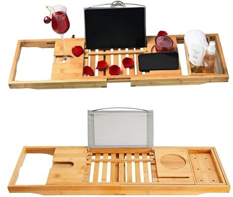 Mensola Regolabile Per Vasca in Bambù, Bagno Arredo Organizer Portaoggetti, Tablet Libri Riviste Portabicchieri Portasapone, Estensibile Misura da 70 a 103 Cm