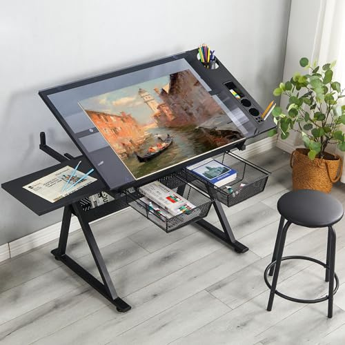 LIFE SKY Adjustable Drafting Table for Artists - Drawing Table with Storage for Artwork - Glass Art Desk with Drawers for Artists Painters Illustrators Cartoonists