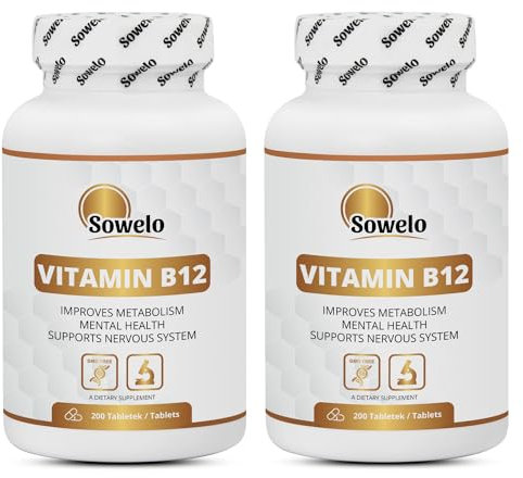 Sowelo - Vitamin B12, 200 Tabletten Vitamin B12 Hochdosiert, Hohe Konzentration 100 mcg (Cyanocobalamin), Verringert das Gefühl von Müdigkeit (2-Pack)