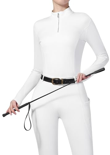 Harrison Howard Maglia a maniche lunghe con colletto rialzato, traspirante, confortevole, elastico, con dettagli ricamati, per spettacoli e competizioni, Ovale Bianco, Medium