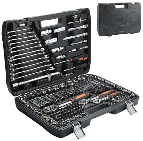 Putentfun Socket Set - Comprising Socket Wrench, Sockets, Extension Bars, Ratchets and Torx - Wrench Set and Screwdriver Bit Sets with Carry Case - 216-Piece Ratchet Collcection with Drill Bits