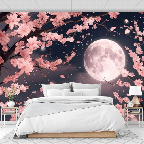 Stickers Muraux 3D Style Japonais Autocollant Mural Autocollants De Carrelage Adhésifs Mural Fleurs De Cerisier De Nuit Décoration Murale Autocollants Imperméables Pour Décoration De Chambre À Co