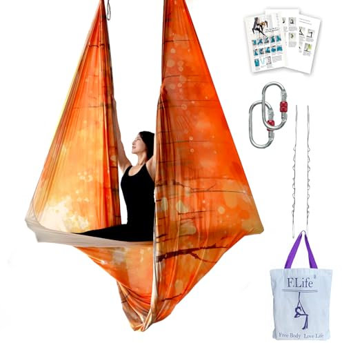 F.Life Aerial Yoga-Hängematten-Set, Yoga-Schaukel, mehrfarbig, 4,5 m, fliegendes Yoga, inklusive Gänseblümchen, Karabiner und Posenanleitung (Herbstwald)