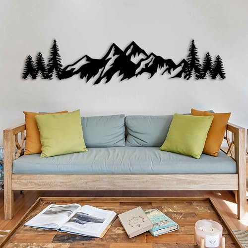KAWA METALWORKS Metal Mountain Wall Art, Pine Trees and Hills Metal Decor, Mountain and Forest Metal Wall Decor, Horizontal Metal Wall Sculpture, Large Nature Wall Art for Living Room