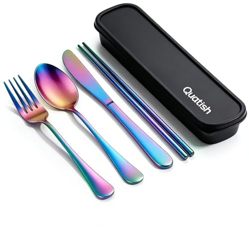 Quatish 5 utensilios de viaje con estuche, juego de cubiertos portátiles | Utensilios de camping reutilizables de acero inoxidable, aptos para lavavajillas, juego de cubiertos