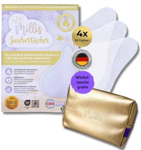Millis Salviette magiche per la dermatite da pannolino per bambini, conosciute da La grotta dei leoni, 100 panni (4 x 25) con aloe vera, olio di mandorle e Q10 – cura, protegge e funge da protezione