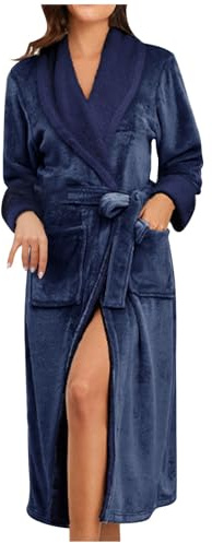 Flodxo Robe de chambre longue en polaire épaisse et chaude avec poches de ceinture et col à revers pour femme, bleu marine, L
