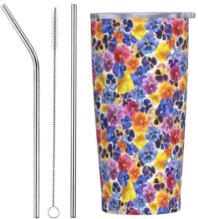 VOSERY Botella de agua de 20 onzas con tapa y popote, vaso aislado de flor de pensamiento tricolor de jardín, vasos de acero inoxidable, taza de café de viaje, vaso personalizado