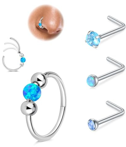 LAURITAMI 18G Opal Nasenpiercing Ring Dünn,20G Chirurgenstahl Spirale Nasenpiercing Stecker,Ohr Septum Piercing Ring Nasenring Piercing Set Nostril Tragus Conch Clicker