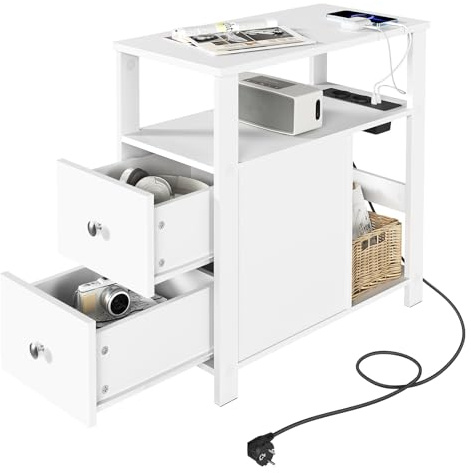 WOLTU Beistelltisch mit Steckdose, Nachttisch mit Ladefunktion | Sofatisch schmal,mit 2 Schubladen 2 Ablagen 1 Fach,2 Steckdosen,2 USB-Anschlusse,bis 20 kg,Weiß