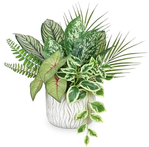 Hollyone 33CM Mixed Artificial Plants in Cement Pot, Decorative Fake Plants with Pot, Faux Plants Indoor for Home Decor, Bedroom, Bathroom, Kitchen, Bathroom, Shelf, Desk, Office Decorations