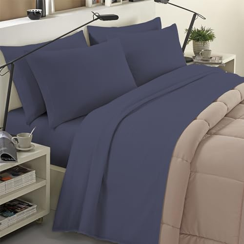 Banzaii Completo Lenzuola Invernale Felpate in Flanella Anti-Pilling 100% Cotone, adatto anche ai materassi più alti, 4 pezzi, Matrimoniale Blu