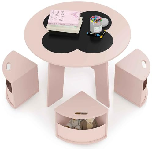 LIFEZEAL Barnbord med 4 stolar, runt målningsbord med 4 förvaringspallar, aktivitetsbord med krittavla, barnsittgrupp för barn från 3 år (rosa)