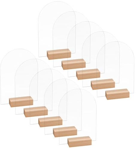 Framendino, Lot de 10 panneaux vierges en acrylique transparent de 10 x 14 cm avec supports en bois - Feuilles en acrylique arquées - Numéros de table de mariage pour bricolage