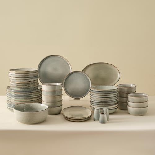 KARACA Tafelservice Earth Collection Skal 55 teilig für 12 Personen Grau, Modernes Geschirrset aus Steinzeug, Spülmaschinengeeignetes Teller Set, Reaktivglasur Essteller