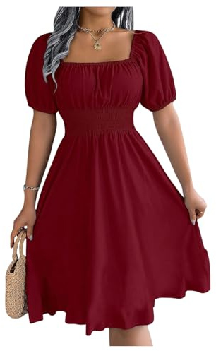 GORGLITTER Women's Square Neck Puff Short Sleeve Flared Flowy Dress A Line High Waist Smocked Elegant Midi Dresses Burgundy X-Large