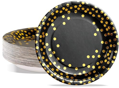 PYAILI Assiettes Jetables de Fête en Carton Noir et Or - 50 pièces (18 cm)