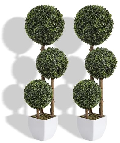 Pair of 90cm Artificial Trio Ball Topiary Trees 2.95ft Fake Boxwood Plant in Pot Outdoor Garden Shrubs with Wood Trunk