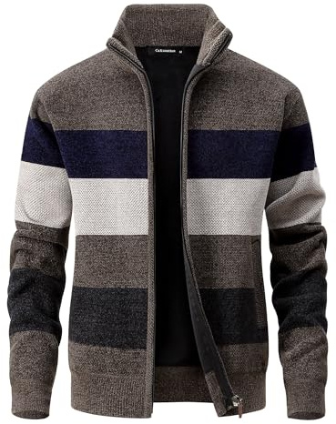 CoXuantion Cárdigans de Hombre Invierno Cuello Alto Casual Chaqueta con Cremallera Manga Larga Chaqueta Grueso Punto Fino Sudadera Cálido Cárdigan L,Caqui