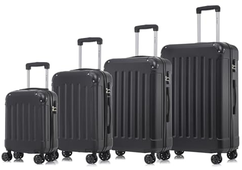 YONSLY Koffer Suitcase Set, Trolley Reisekoffer, Rollkoffer Handgepäck, Kofferset, Gepäckset mit 4 Rollen 360°, Hartschalenreisekoffer, Zahlenschloss, Weicher Gummigriff (4er Set, S,M,L&XL, Schwarz)