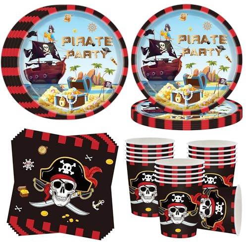 Pirater partyservis för 16 gäster, 52 stycken piratskepp födelsedag papperstallrikar set, pirat festservis dekoration, pirater papperstallrikar servetter koppar, piratparty servis för pojke barns