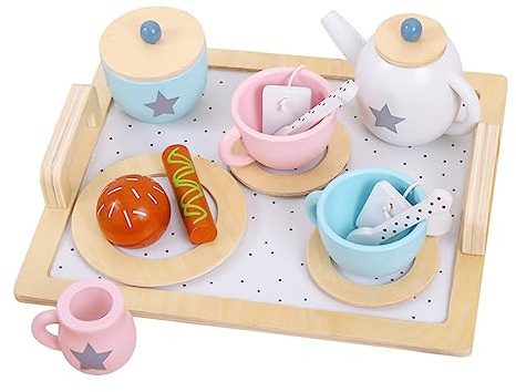 Tea Party Set For Kid Pretend Kitchen Toy Tea Set Wood Kitchenware Accessory Cups Dishes Food Tray