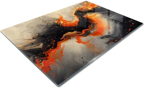 Chopping Board Glass Extra Large – Heat Resistant Worktop Saver with Non-Slip Feet, Orange Black Gold Beige Fluid Marble Paint Swirl, Hygienic Toughened Glass Cutting Board for Kitchen