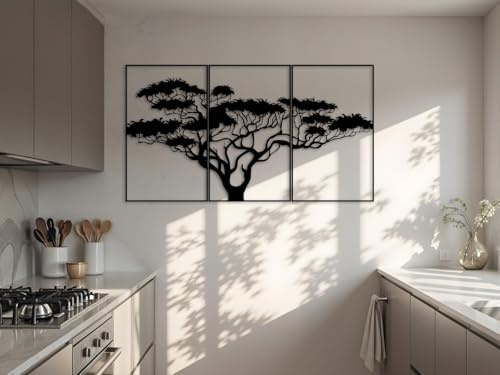 Kajaro Bonsaibaum Wandbild Holz 3-teilig, 1780x980 mm, selbstklebend | Gratis: zweites kleineres Bild. Selbstklebende Holz-Wanddeko in Metalloptik, einfache Montage ohne Bohren.