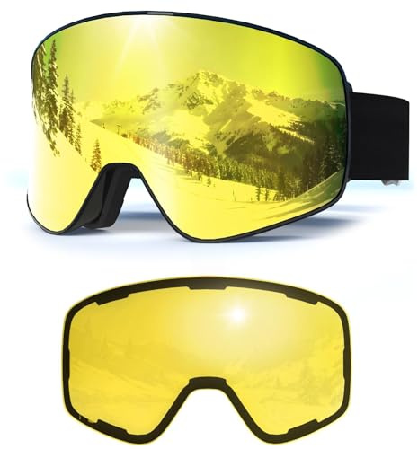 Occhiali da Sci con Magnetico Lenti Intercambiabili,YH212 Maschera da Sci OTG per Unisex Anti-UV400 Anti Nebbia Antipolvere Antivento Occhiali da Neve per Ski Ciclismo (06-REVO Oro/Nero+Lente VLT 7%)