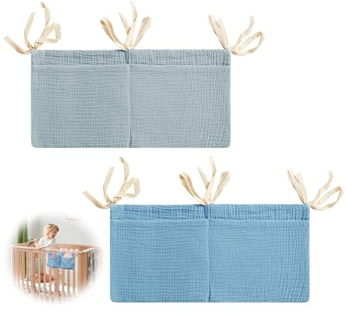 2 organizer per lettino, fasciatoio da appendere, con 2 tasche, 39 x 20 cm, in puro cotone, regolabile, per bambini (verde e grigio)