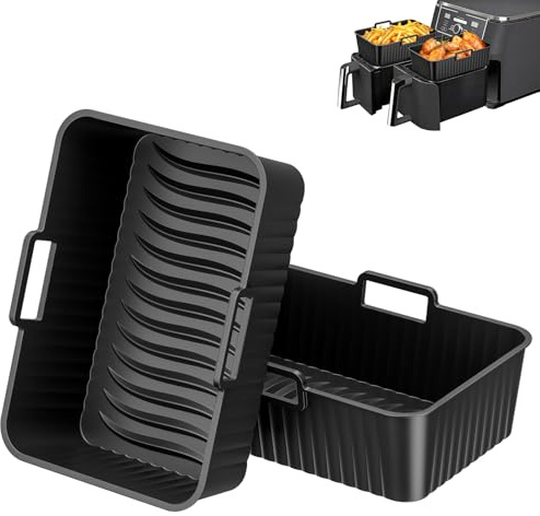 Diboniur Molde Silicona Freidora de Aire - 7.6L 8L 9L 10L Doble Cesta - 2 Piezas Recipiente Air Fryer, Bandeja Accesorios Airfryer, Reutilizable (Negro)
