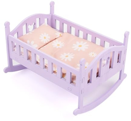 Odoukey Baby Doll Crib Wooden Doll Bed Set with Large Amplitude Swinging Design and Bedding Set for Kids Pretend Play Toys, Purple