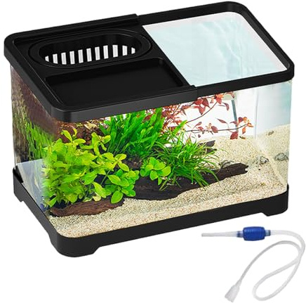 Betta Fisch-Aquarien, 30 x 19 x 18 cm, PP, transparentes Aquarium, stilvolles Tisch-Fischglas mit Deckel und Dekoration, Aquarium, Schnecken, Schildkröte, Haustierliebhaber, Heimbüro, Fischh