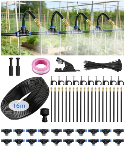 ELDER OAKI 16m Easy-Snap Garden Irrigation System for Raised Beds & Greenhouses, Upgraded 8mm High-Flow PE Tubing with 20 Bendable 360° Copper Nozzles, Quick-Connect Plant Watering Kit