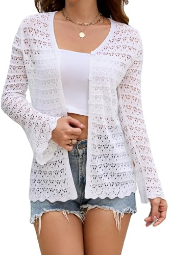 Dosieyeo Damen Strickjacke mit Lochmuster Langarm V Ausschnitt Boho Crochet Cardigan mit Knöpfe Leicht Luftig Sommerjacke