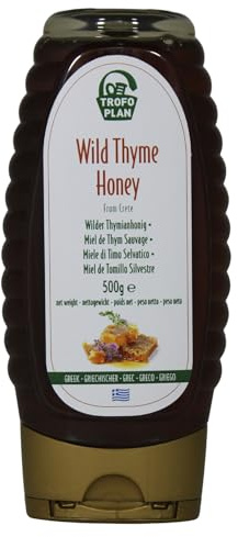 TrofoPlan Miel Griega de Tomillo Silvestre de Creta 500g – Miel Cruda y Natural – Miel Floral Aromática – Producción Familiar de Apicultores – Botella Squeeze – Miel Premium Mediterránea