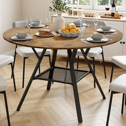 Blishom Runder Esstisch 120 cm, Esszimmertisch Holz, Retro | Für 4–6 Personen, mit Ablage und stabilem Metallgestell, platzsparender Küchentisch für Esszimmer Küche Wohnzimmer