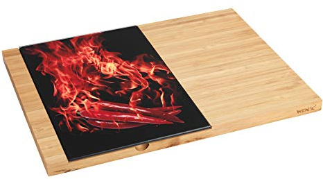 WENKO Tabla de cortar con inserto de vidrio Flames - Tabla de cocina, tabla para cortar con placa de vidrio extraíble, Bambú, 38 x 1.6 x 28 cm, Marrón