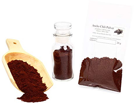 Ancho Chili Pulver | mexikanisches Gewürzpulver rotbraun gemahlen | aus aromatischen Chilischoten | glutenfrei | 20g