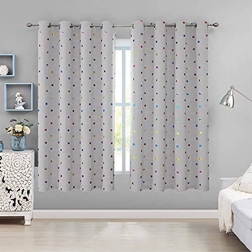 Grey Blackout Curtains for Kids Room 54 inches Long Colorful Metallic Polka Dots Printed on Curtains for Children Living Room Darkening Window Treatments for Nursery, Grommet Top, 52 1 Pair