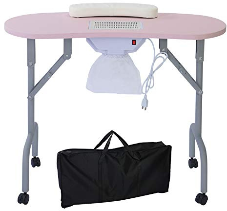 AGESISI Portable Manicure Table Foldable Nail Desk with Dust Collector Professional Nail Tech Table for Technician Spa Salon Workstation, Client Wrist Pad Carry Bag 4 Lockable Wheels, 36-inch, Pink
