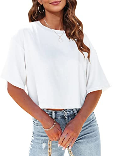 Tankaneo Women Half Sleeve Cropped T-Shirts Drop Shoulder Round Neck Crop Tops Casual Summer Solid Color Basic Tees