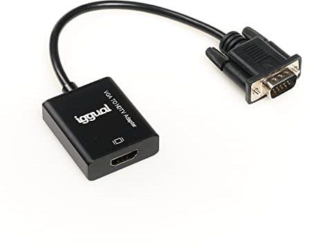 iggual - Conversor VGA a HDMI con Audio y Micro USB | Cable Conector VGA (Hembra) a HDMI (Macho) + Entrada de Audio Jack 3,5 mm + Cable - Color Negro