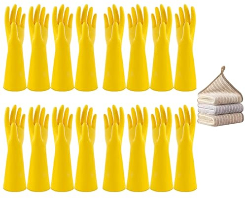 Vsootal 8 Pairs Reusable Household Cleaning Gloves, Rubber Kitchen Dishwashing Gloves,Extra Thickness, Long Sleeves, for Washing Dishes, Pet Care(Small, Yellow)
